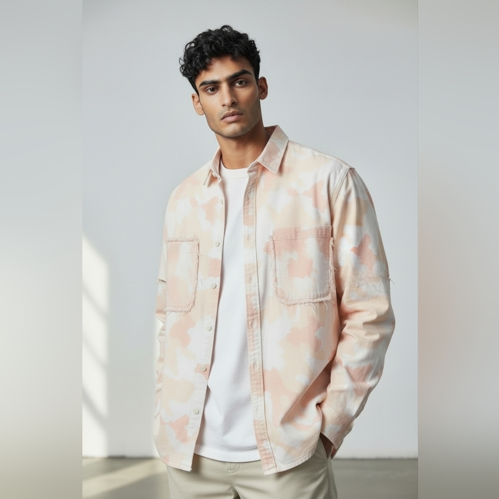ASOS Men's Camo Print Distressed Detail Buttoned Long Sleeve